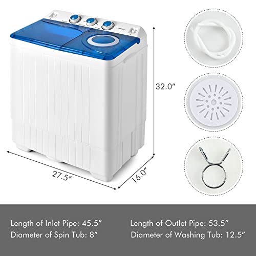 COSTWAY Portable Washing Machine, 2 in 1 Twin Tub 26Lbs Capacity Washer(18Lbs) and Spinner(8Lbs) with Control Knobs, Timer Function, Drain Pump, Compact Laundry washer for Home Apartment RV, Blue