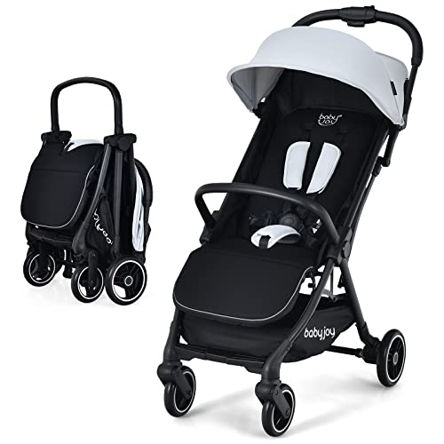 BABY JOY Lightweight Baby Stroller, Compact Travel Stroller for Airplane, Toddler Pushchair Infant Stroller w/Adjustable Backrest & Canopy, Storage Basket, Easy One-Hand Fold, Aluminium Frame (Gray)