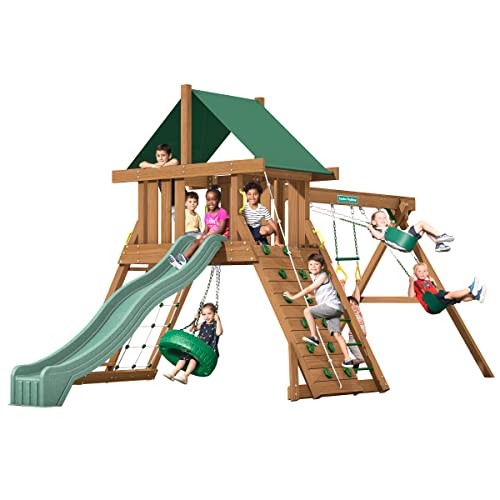 Creative Playthings Northbridge Pack 1 Wooden Swing Set (Made in The USA) for Ages 2 to 12 Years, Includes Climbing Wall for Kids, Playground Swings and Slide, and Tire Swing, 22 x 12 x 11 ft