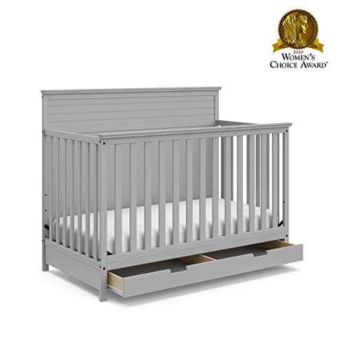 Storkcraft Homestead 5-in-1 Convertible Crib with Drawer (Pebble Gray) – GREENGUARD Gold Certified, Crib with Drawer Combo, Includes Nursery Storage Drawer, Converts to Toddler Bed and Full-Size Bed