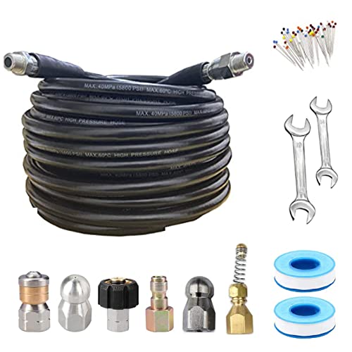 EOPDGIR 150 FT Sewer Jetter Kit for Pressure Washer,Sewer Jetter Nozzles Kit,Drain Cleaning Hose for Pressure Washer,Corner,Button Nose and Rotating Sewer Jetting Nozzle,1/4 Inch NPT,5800 PSI (150FT)