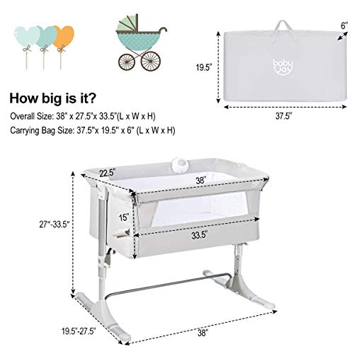 BABY JOY Baby Bedside Bassinet, Height Adjustable Portable Crib w/Music, Toy Rack, Mattress, Straps, Breathable Mesh & Carrying Bag, Easy Folding Kids Bed Side Sleeper for Newborn Infant (Light Grey)