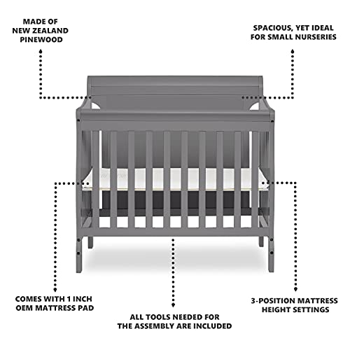 Dream On Me Alice 3-in-1 Full Panel Convertible Mini Crib, Storm Grey, Greenguard Gold Certified
