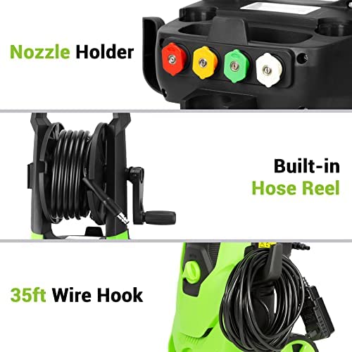 Rock&Rocker Powerful Electric Pressure Washer, 3500PSI Max 2.6 GPM Power Washer with Hose Reel, 4 Quick Connect Nozzles, Soap Tank, IPX5 Car Wash Machine /Car/Driveway/Patio Clean, Green