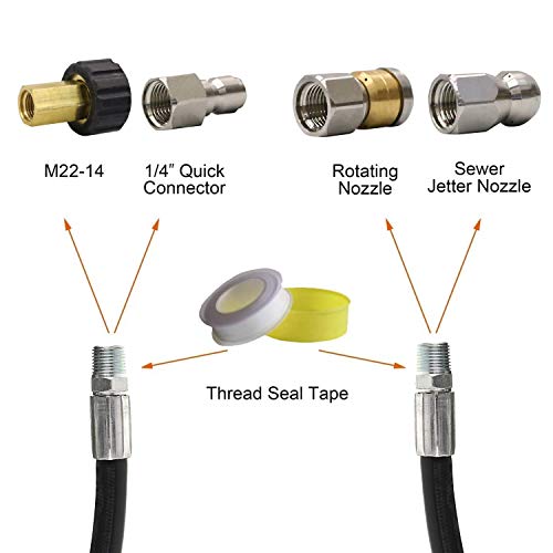 Hourleey Sewer Jetter Kit for Pressure Washer, 1/4 Inch NPT, 100 Ft Drain Cleaning Hose, Orifice 4.0 Button Nose and Rotating Sewer Jetting Nozzle, 4000 PSI