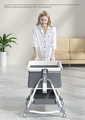 Zdolmy Baby Bedside Bassinet Sleeper, Portable Crib for Baby with Storage Basket and Wheels, Adjustable Height Easy Folding Bed Side Co Sleeper, Grey