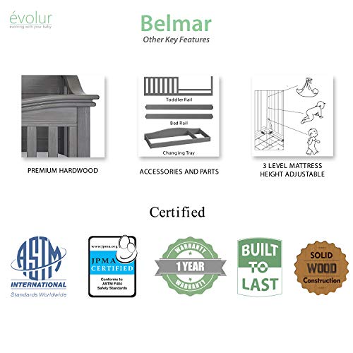 Evolur Belmar Flat 5-in-1 Convertible Crib in Rustic Grey, Greenguard Gold Certified