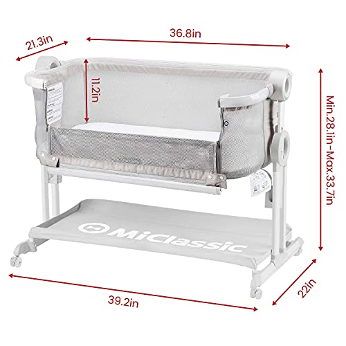 Miclassic Baby Bassinet Bedside Sleeper Crib, Mesh Breathable Net, Portable and Folding Design, Adjustable Height with Storage Basket and Wheels for Newborn, Infant and Baby (Light Grey)