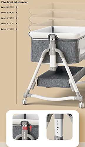 Zdolmy Baby Bedside Bassinet Sleeper, Portable Crib for Baby with Storage Basket and Wheels, Adjustable Height Easy Folding Bed Side Co Sleeper, Grey
