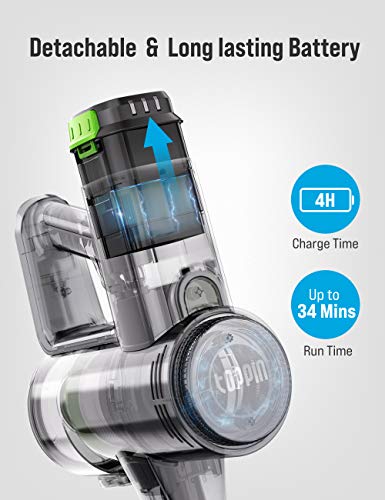 TOPPIN Cordless Stick Vacuum Cleaner - 23KPa Powerful Suction for Pet Family, 8 in 1 Lightweight Stick Handheld Vacuum with 34min Detachable Battery, 250W Brushless Motor for Hard Floor Carpet Car