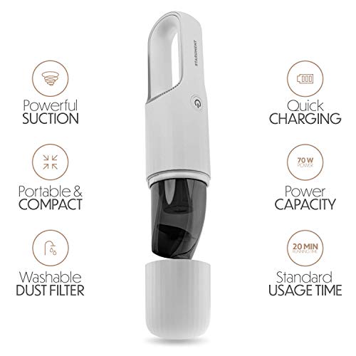 Starument Portable Hand Vacuum Cleaner Handheld Cordless Cleaner for Dust Pet Hair Dirt, Home, Car Interior, Lightweight, Easy to Use, Compact Design Battery Rechargeable with USB-C Cable White