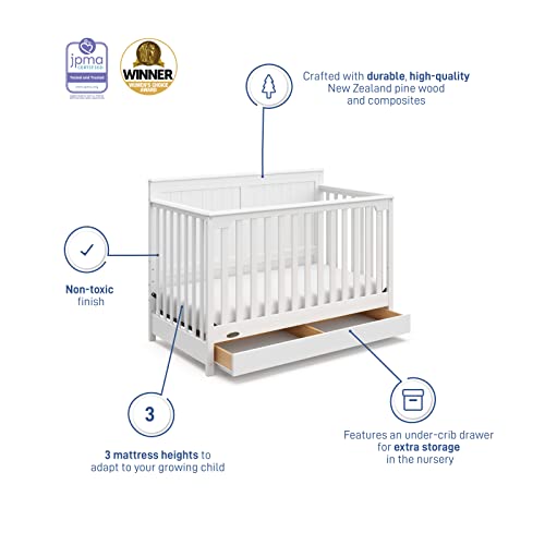 Graco Hadley 5-in-1 Convertible Crib with Drawer (White) – GREENGUARD Gold Certified, Crib with Drawer Combo, Full-Size Nursery Storage Drawer, Converts to Toddler Bed, Daybed and Full-Size Bed