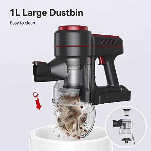 Cordless Vacuum Cleaner, EICOBOT A10 Red High Efficiency Stick Vacuum with 30min Long Runtime Detachable Battery, 4 in 1 Lightweight Quiet Vacuum Cleaner Perfect for Hardwood Floor Pet Hair Red