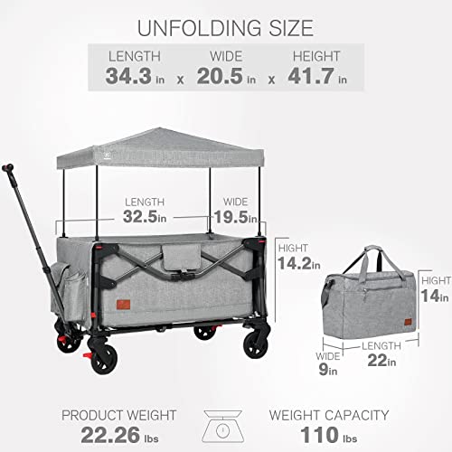 EVER ADVANCED Foldable Wagon Stroller for 2 Kids & Cargo, Collapsible Folding Toddler Wagon with Removable Canopy, Adjustable 5-Point Harness, Lightweight Carry-on Stroller for Airplane with Carry Bag