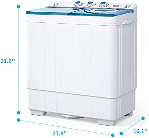 Twin Tub Portable Mini Washing Machine 26lbs Capacity, Compact Washer(18lbs)&Spiner(8lbs)/Built-in Drain Pump/Semi-Automatic (White&Blue)