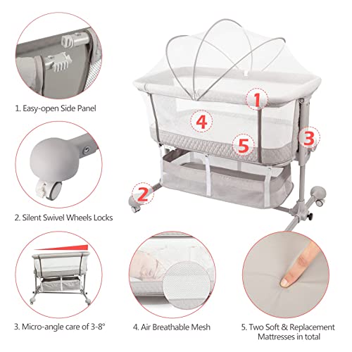 HAHASOLE Baby Bassinet Bedside Sleeper, 3 in 1 Bedside Crib with Detachable Mosquito Net, Portable Baby Nursery Bed with Mattress, Bedside Sleeper with 6 Height Adjustable & 2 Baby Bassinet Sheets