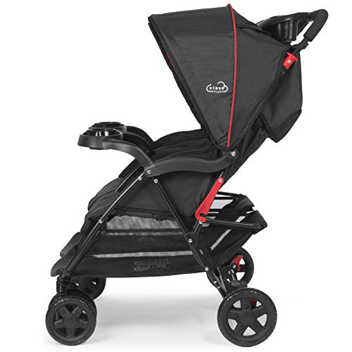 Kolcraft Cloud Plus Lightweight Double Stroller with Reclining Seats & Extendable Canopies, Red/Black