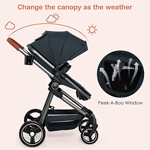 INFANS 2 in 1 High Landscape Convertible Baby Stroller, Newborn Reversible Bassinet Pram, Foldable Pushchair with Adjustable Canopy, Aluminum Structure,5-Point Harness for Infant & Toddler (Black)