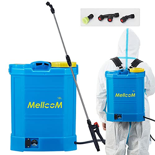 MELLCOM 4 Gallon Battery Powered Backpack Sprayer with 3 Different Nozzles, Hoses Included, Wide Mouth Lid, Professional for Lawns, Gardens, Office, Hotel, School
