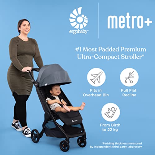 Ergobaby Metro+ Compact Baby Stroller, Lightweight Umbrella Stroller Folds Down for Overhead Airplane Storage (Carries up to 50 lbs), Car Seat Compatible, Black