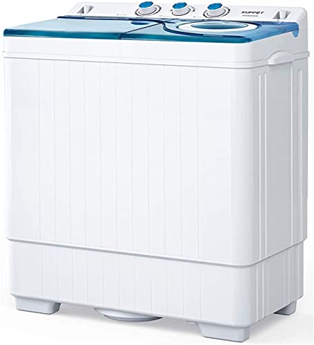 Twin Tub Portable Mini Washing Machine 26lbs Capacity, Compact Washer(18lbs)&Spiner(8lbs)/Built-in Drain Pump/Semi-Automatic (White&Blue)
