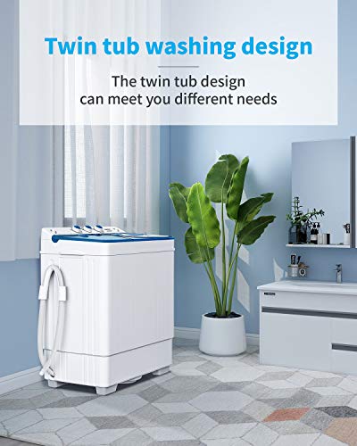 KUPPET Compact Twin Tub Portable Mini Washing Machine 26lbs Capacity, Washer(18lbs)&Spiner(8lbs)/Built-in Drain Pump/Semi-Automatic (White&Blue)