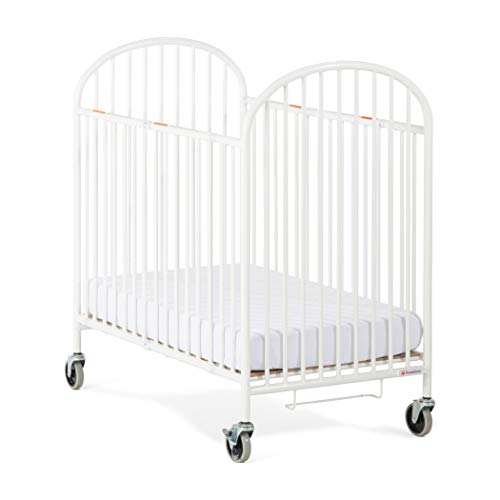 Foundations Pinnacle Folding Steel Crib, Portable Baby Crib with 2 Locking Oversized Casters, Heavy Duty Steel Hotel Crib, Includes 4 Inch Foam Mattress, White