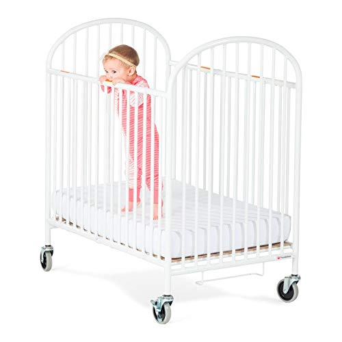 Foundations Pinnacle Folding Steel Crib, Portable Baby Crib with 2 Locking Oversized Casters, Heavy Duty Steel Hotel Crib, Includes 4 Inch Foam Mattress, White