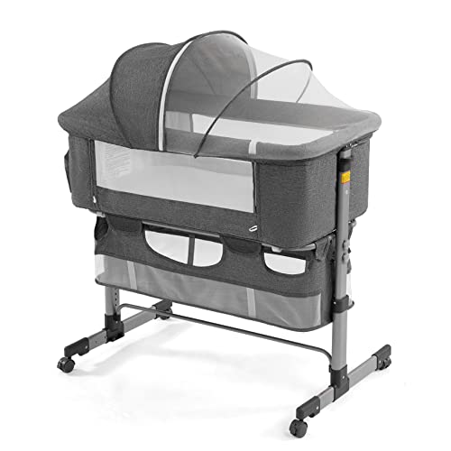 Bedside Sleeper Bedside Crib, Baby Bassinet 3 in 1 Travel Baby Crib,Bedside Bassinet co Sleeper with Breathable Net,Infant Bassinet for Bed (Gray)