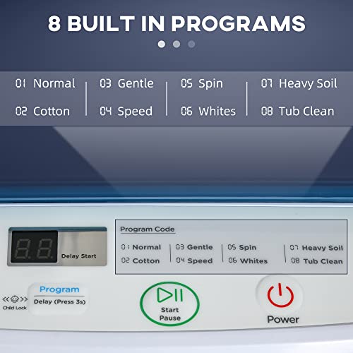 HOMCOM 2-In-1 Full Automatic Portable Washing Machine and Spin Dryer, 1.38Cu Ft Compact Laundry Washer with Wheels, Built-in Gravity Drain and 8 Programs for Apartment, Dorm, RVs, White