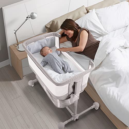 HAHASOLE Baby Bassinet Bedside Sleeper, 3 in 1 Bedside Crib with Detachable Mosquito Net, Portable Baby Nursery Bed with Mattress, Bedside Sleeper with 6 Height Adjustable & 2 Baby Bassinet Sheets