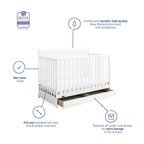 Graco Asheville 5-in-1 Convertible Crib with Drawer (White) – GREENGUARD Gold Certified, Crib with Drawer Combo, Full-Size Nursery Storage Drawer, Converts to Toddler Bed, Daybed and Full-Size Bed