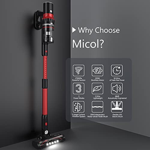 Micol 27000Pa Cordless Vacuum Cleaner, 350W Brushless Motor Stick Vacuum, Up to 50 Minutes Runtime Detachable Battery, 4 in 1 Handheld Lightweight Vacuum for Home Hard Floor Carpet Pet Car