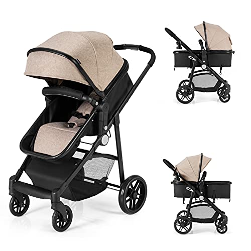 HONEY JOY Baby Stroller, High Landscape Convertible Infant Bassinet Stroller, Adjustable Canopy & Backrest, Storage Basket, Cup Holder, Foldable Newborn Carriage Pram Stroller (Coffee)