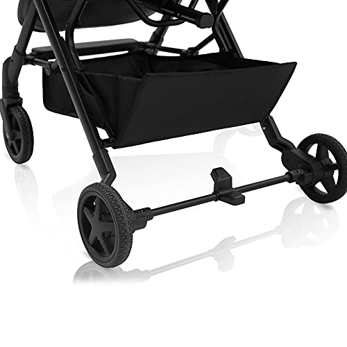Mompush Lithe, Lightweight Stroller, Compact One-Hand Fold Luggage-Style Travel Stroller for Airplane Friendly, Reclining Seat and XL Canopy, with Rain Cover & Travel Carry Bag & Cup Holder