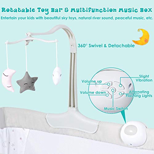 BABY JOY Baby Bedside Bassinet, Height Adjustable Portable Crib w/Music, Toy Rack, Mattress, Straps, Breathable Mesh & Carrying Bag, Easy Folding Kids Bed Side Sleeper for Newborn Infant (Light Grey)