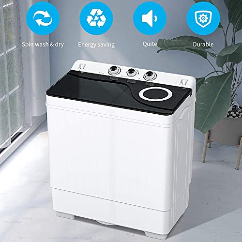 Portable Washing Machine, 26lbs Twin Tub Washer and Dryer Combo, Compact Laundry Machine with Spin and Drain for Apartment Home Dorms College Rooms (White & Black)