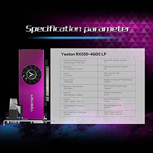 YESTON AMD Radeon RX550 4G D5 LP Gaming Graphics Card Radeon Chill 4GB Memory GDDR5 128Bit 6000MHz VGA + HD + DVI-D GPU