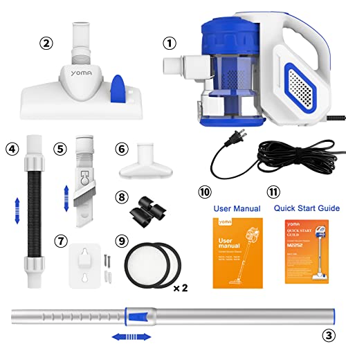 Yoma Corded Stick Vacuum Cleaner with 18KPA Powerful Suction, 600W Corded Handheld Vac Lightweight with Versatile Attachment for Hardwood Floors & Stair and Pet Hair, M2252 Ocean Blue