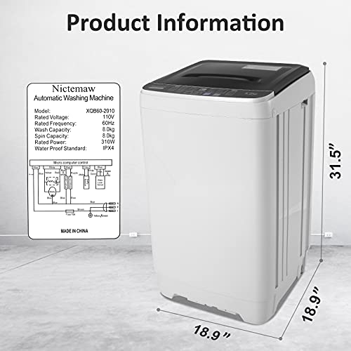 Portable Washer, 17.5Lbs Full-Automatic Washing Machine with Drain Pump, 2-in-1 Compact Laundry Washer with 10 Programs 8 Water Level Selections LED Display Top Load Cloth Washer for Home, Dorms
