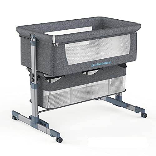 Baby Bassinet, Bellababy Bedside Sleeper, Bedside Crib with Storage Basket, Easy Folding Portable Crib, Adjustable Portable Bed for Infant/Newborn (Dark Grey)