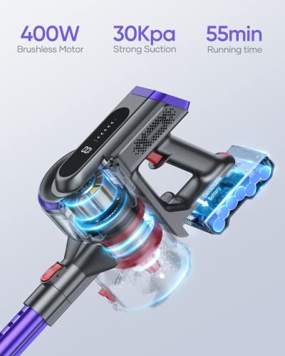 BuTure Cordless Vacuum Cleaner, 400W 30Kpa Powerful Stick Vacuum with 55min Runtime Detachable Battery, Touch Display and 1.2L Large Dust Cup, Vacuum Cleaners for Hardwood Floor Carpet Car Pet
