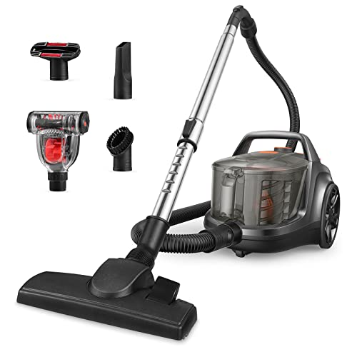 Aspiron Canister Vacuum Cleaner, Lightweight Cyclonic Bagless Vacuum Cleaner, 3.7QT Corded Vacuum with HEPA Filter, 5 Brushes, Automatic Cord Rewind, Variable Speed for Hard Floors, Hardwood, Cars