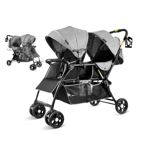 besrey Double Stroller for Infant and Toddler, Lightweight Tandem Baby Stroller, Easy Foldable, Compact Travel Twin Stroller with Rain Cover & Extra-Large Storage Basket Grey for 0-36month Kids