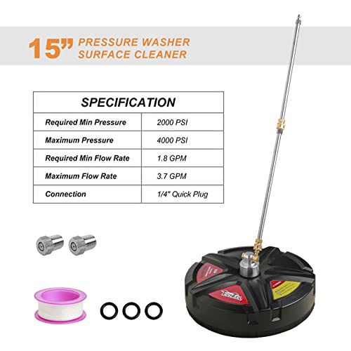 TECHTOOL Pressure Washer Surface Cleaner 4000 PSI,15Inch Surface Cleaner Power Washer with 2 Pressure Washer Extension Wands Cleaning Driveway, Sidewalk, Deck, Patio