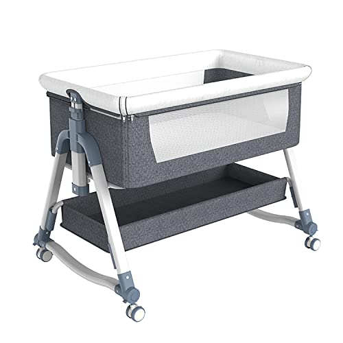 Zdolmy Baby Bedside Bassinet Sleeper, Portable Crib for Baby with Storage Basket and Wheels, Adjustable Height Easy Folding Bed Side Co Sleeper, Grey