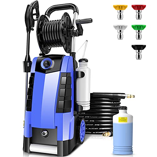 Power Washer, TE3000 1.9GPM Pressure Washer 1800W Electric High Pressure Washer Professional Car Washer Cleaner Machine with Hose Reel ,5 Nozzles for Patio Garden Yard Vehicle