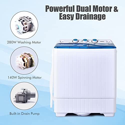 COSTWAY Portable Washing Machine, 2 in 1 Twin Tub 26Lbs Capacity Washer(18Lbs) and Spinner(8Lbs) with Control Knobs, Timer Function, Drain Pump, Compact Laundry washer for Home Apartment RV, Blue