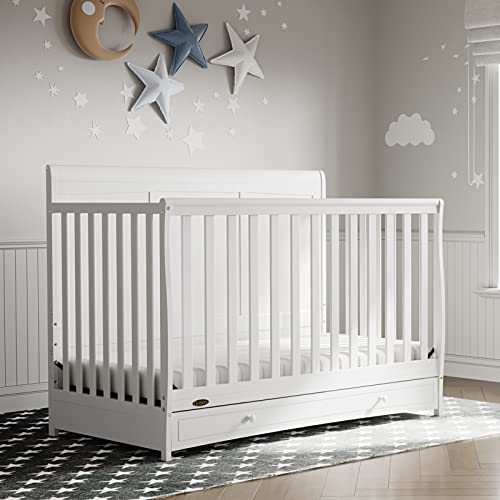 Graco Asheville 5-in-1 Convertible Crib with Drawer (White) – GREENGUARD Gold Certified, Crib with Drawer Combo, Full-Size Nursery Storage Drawer, Converts to Toddler Bed, Daybed and Full-Size Bed
