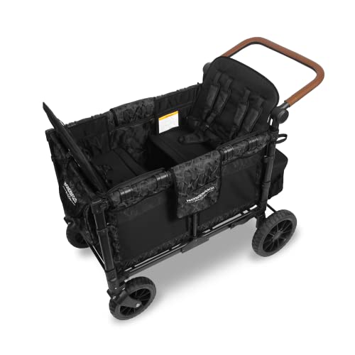 WONDERFOLD W4 Luxe Quad Stroller Wagon Featuring 4 High Face-to-Face Seats with Magnetic Buckle 5-Point Harnesses and Adjustable/Removable UV-Protection Canopy, Black Camo